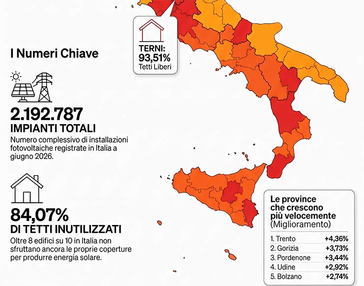 Province con tetti non sfruttati: Terni guida la classifica

La graduatoria delle province con il più alto tasso di tetti non ancora valorizzati dal fotovoltaico vede in testa Terni (93,51% di tetti liberi), seguita da Verbano-Cusio-Ossola (93,45%), Genova (93,28%), Reggio Calabria (92,63%) ed Enna (92,55%). Completano la top 10 Messina (92,41%), Isernia (92,41%), Imperia (92,36%), Palermo (92,28%) e Crotone (91,40%).
Si tratta di una classifica che unisce due scenari di Italia diversi: da un lato le aree montane e appenniniche del Centro-Nord, dall’altro il Mezzogiorno e le grandi città costiere. Tuttavia è un paradosso solo apparente perché proprio le province con il maggiore irraggiamento solare sono quelle che stanno lasciando inutilizzata la quota più alta del proprio patrimonio edilizio. Sotto il profilo del ritorno economico, sono anche quelle in cui un impianto renderebbe di più.