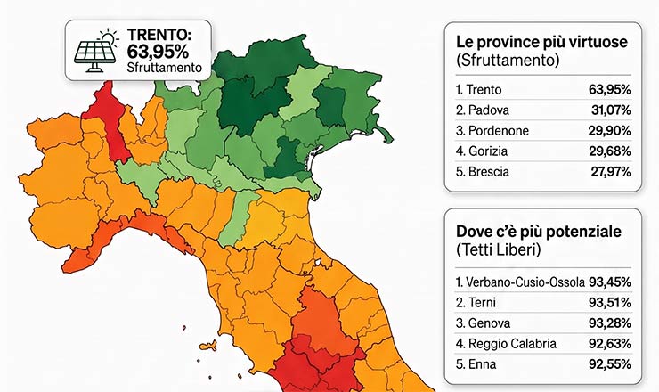 Province con tetti non sfruttati: Terni guida la classifica

La graduatoria delle province con il più alto tasso di tetti non ancora valorizzati dal fotovoltaico vede in testa Terni (93,51% di tetti liberi), seguita da Verbano-Cusio-Ossola (93,45%), Genova (93,28%), Reggio Calabria (92,63%) ed Enna (92,55%). Completano la top 10 Messina (92,41%), Isernia (92,41%), Imperia (92,36%), Palermo (92,28%) e Crotone (91,40%).
Si tratta di una classifica che unisce due scenari di Italia diversi: da un lato le aree montane e appenniniche del Centro-Nord, dall’altro il Mezzogiorno e le grandi città costiere. Tuttavia è un paradosso solo apparente perché proprio le province con il maggiore irraggiamento solare sono quelle che stanno lasciando inutilizzata la quota più alta del proprio patrimonio edilizio. Sotto il profilo del ritorno economico, sono anche quelle in cui un impianto renderebbe di più.