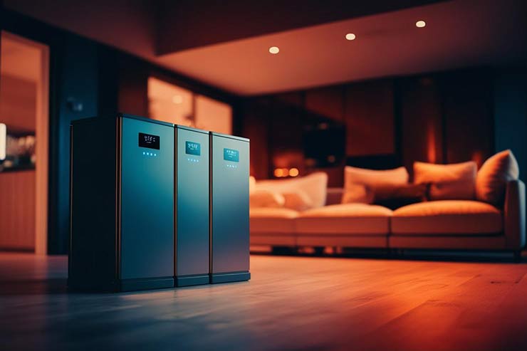 Sistema di accumulo energetico domestico in soggiorno moderno con illuminazione calda e divano arancione sullo sfondo