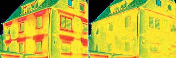 Termografia di edificio che mostra dispersione termica: a sinistra perdite di calore in rosso, a destra miglioramento con ventilazione meccanica combinata