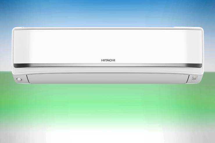 Unità interna split Hitachi con tecnologia pompa di calore per riscaldamento e raffreddamento, design moderno bianco e grigio